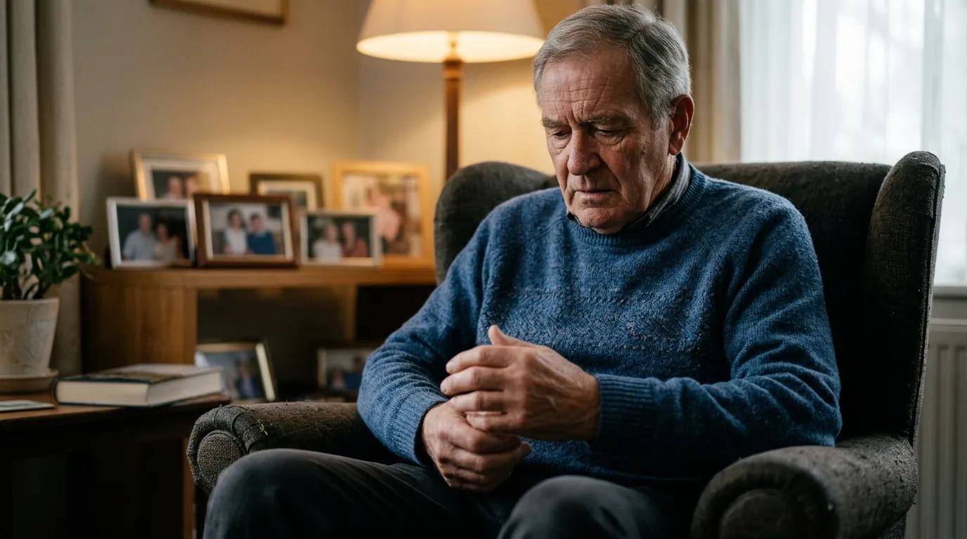 Older man sitting in a living room armchair looking down at his hands with a concerned expression, reflecting on asbestos exposure and breathing problems