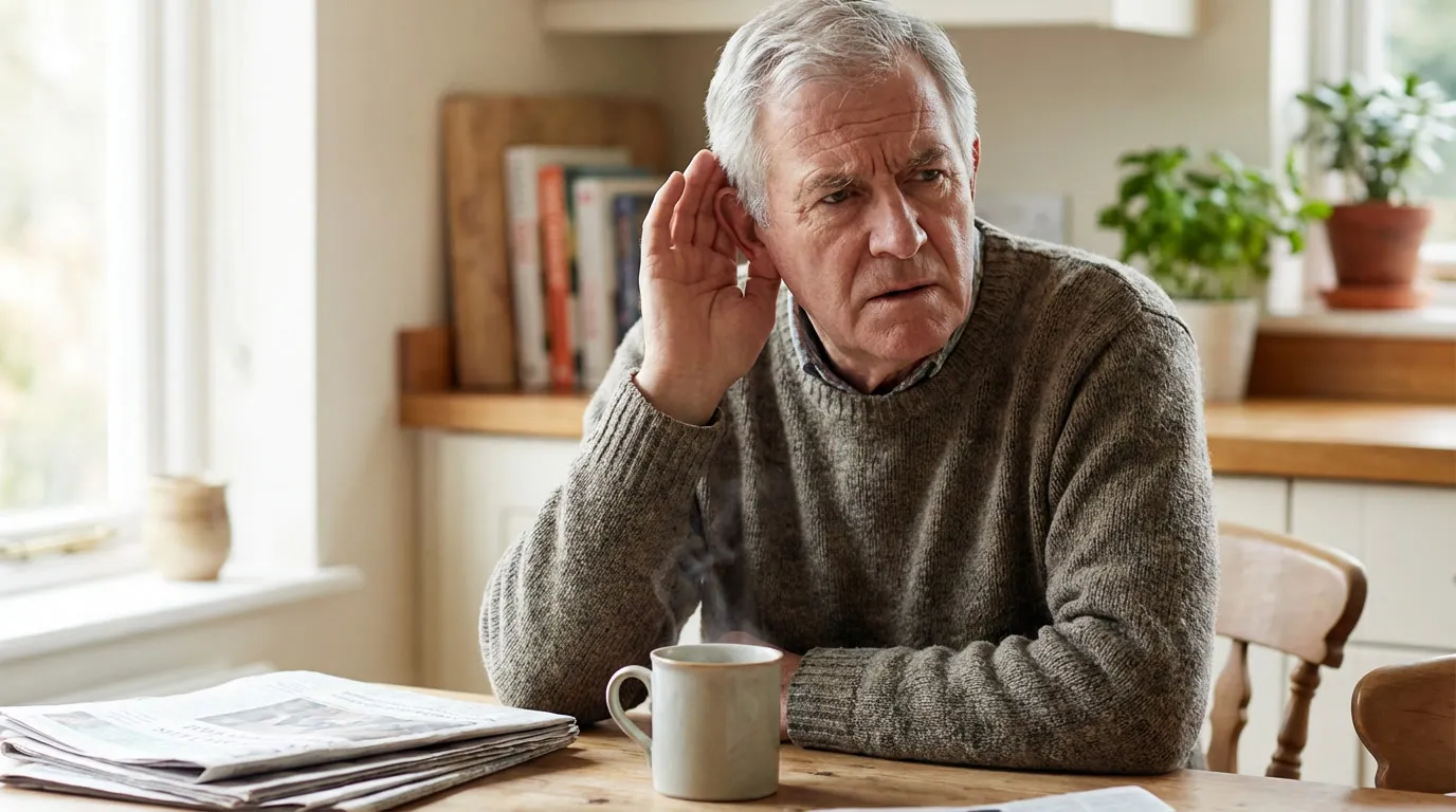 Retired man sitting at a kitchen table holding his hand to his ear, concerned about hearing loss after years working in the printing industry