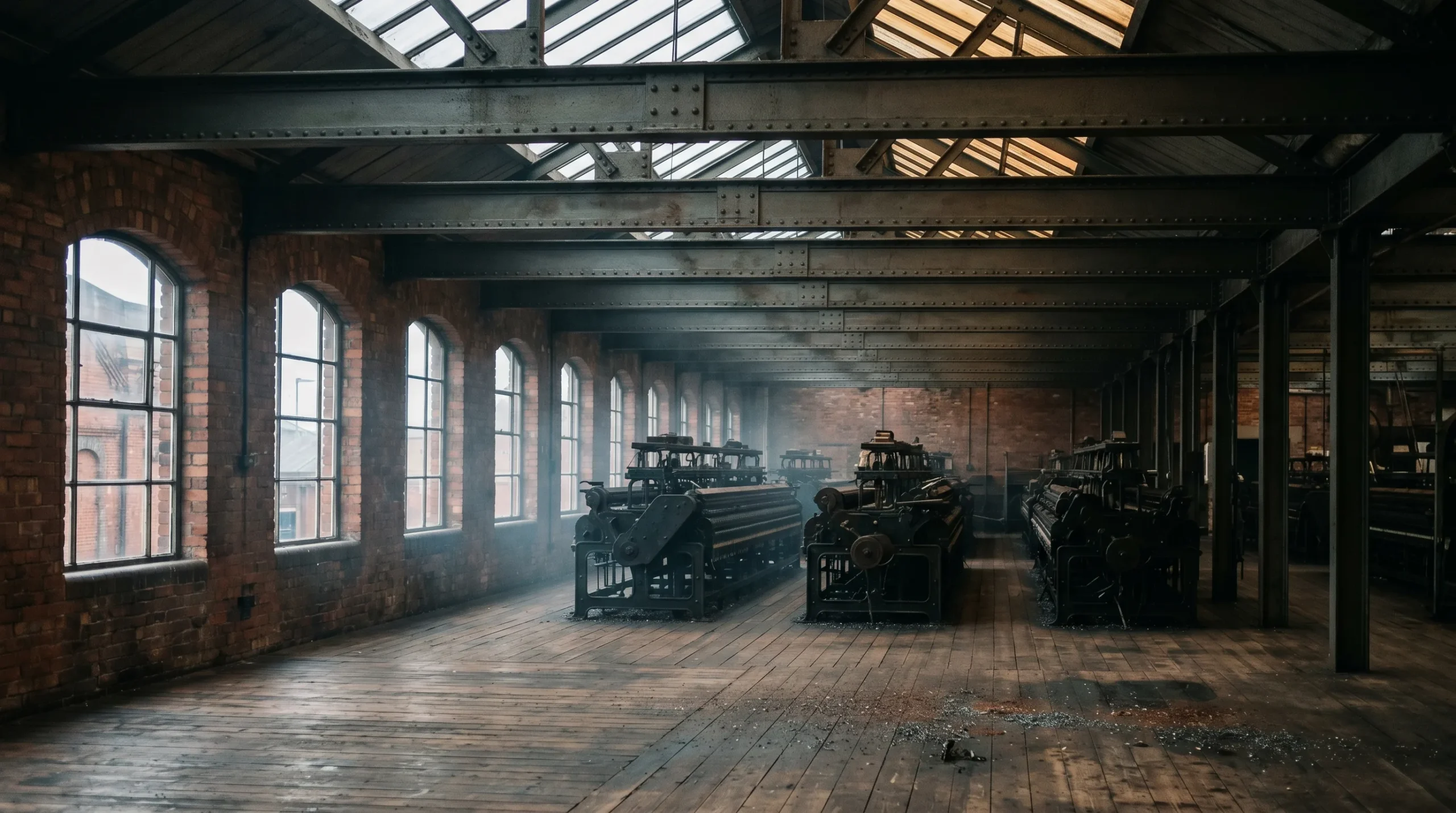 Interior of a historic Northern English cotton mill with rows of textile spinning machinery under arched industrial windows