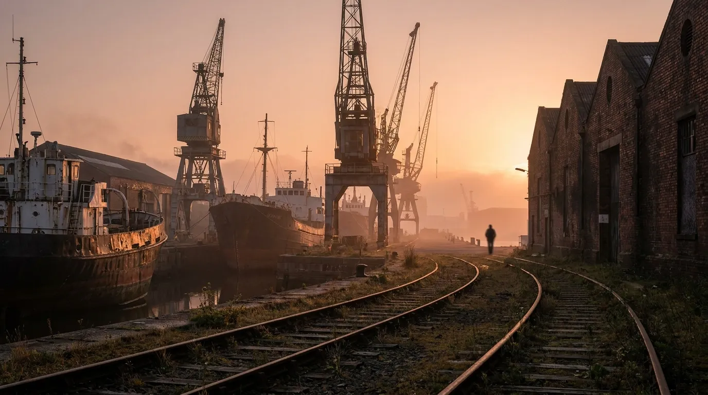 A historic British shipyard with dockside cranes and weathered industrial buildings at golden hour