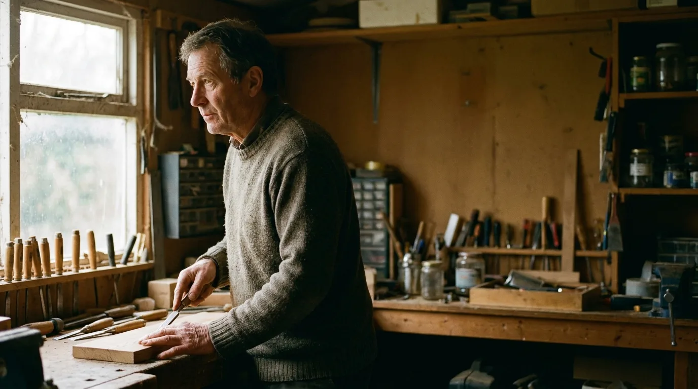 Older man in a domestic workshop, paused at a workbench with hand tools, contemplative