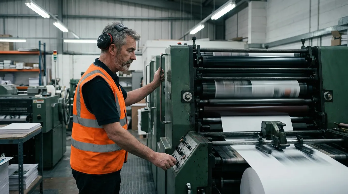 A worker wearing high-visibility clothing and industrial ear defenders operates a commercial printing press