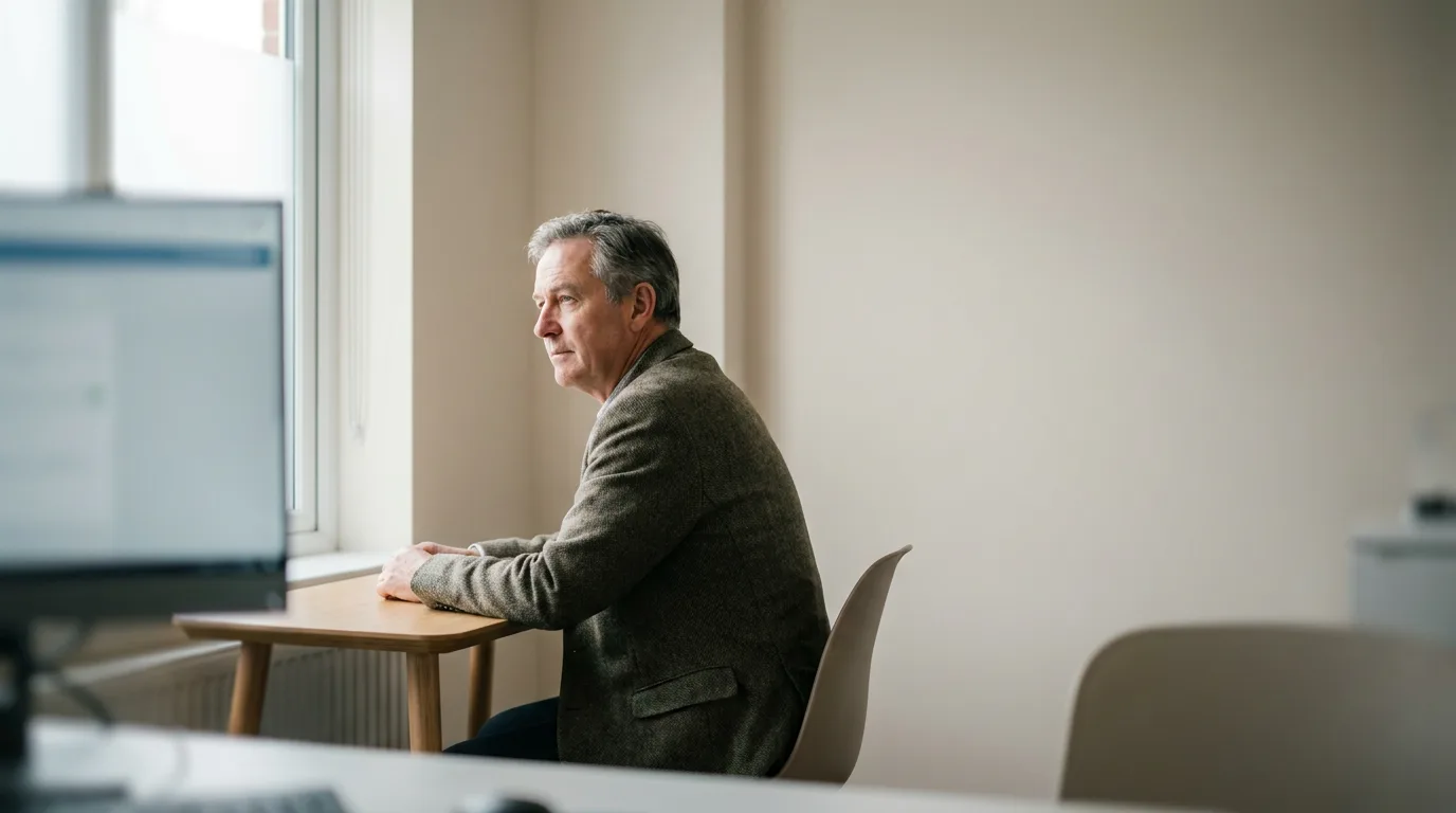 Older man in a quiet British audiology consulting room, looking thoughtfully at a computer monitor
