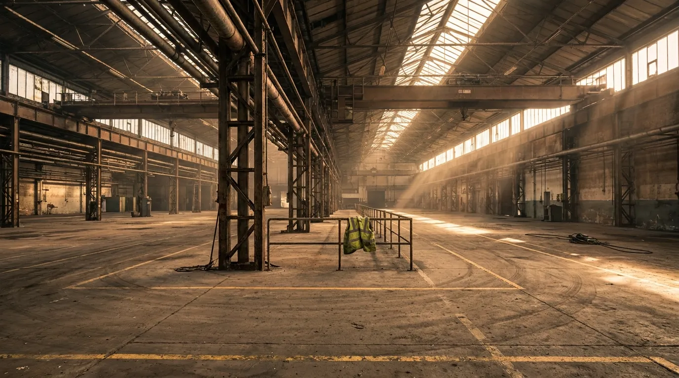 Empty British industrial shed at golden hour with steel girders and overhead pipework, evoking the legacy heavy-industry settings where asbestos exposure occurred