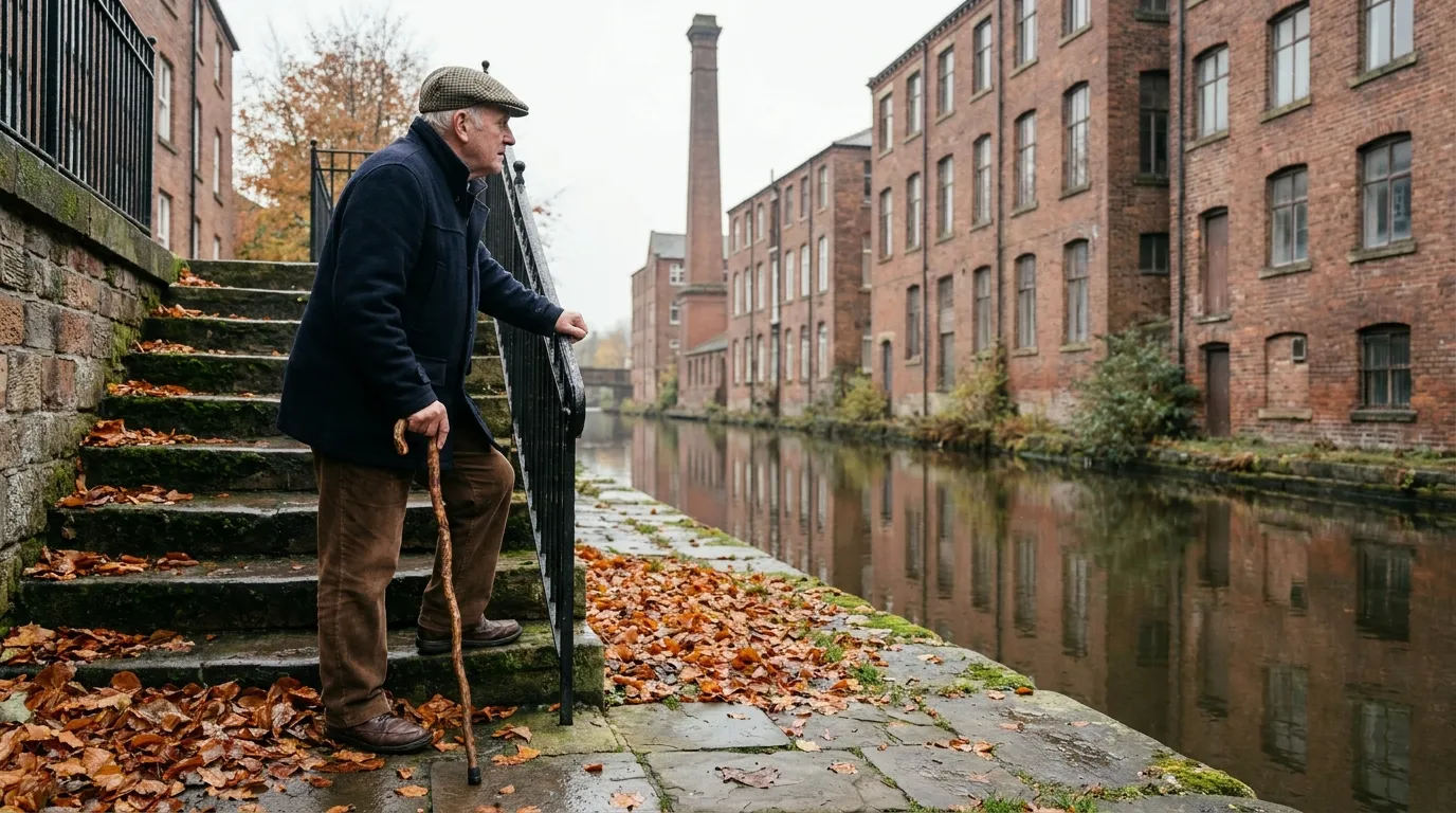 Older retired man with a walking stick paused at the top of stone canal-side steps in a North England mill town, catching his breath beside historic red-brick mill buildings